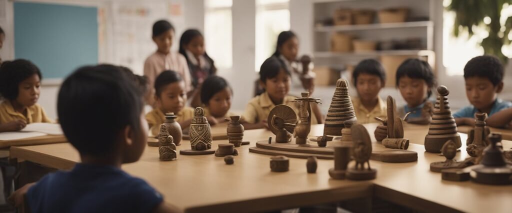 Um grupo de artefatos indígenas e símbolos tradicionais exibidos em uma sala de aula, rodeados por crianças envolvidas em atividades de aprendizagem