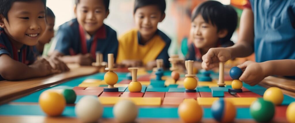 Crianças brincando de jogos indígenas em uma sala de aula colorida com artesanato e símbolos tradicionais