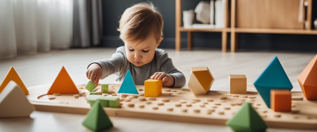 criança pequena brincando com Jogo de encaixe de formas geométricas