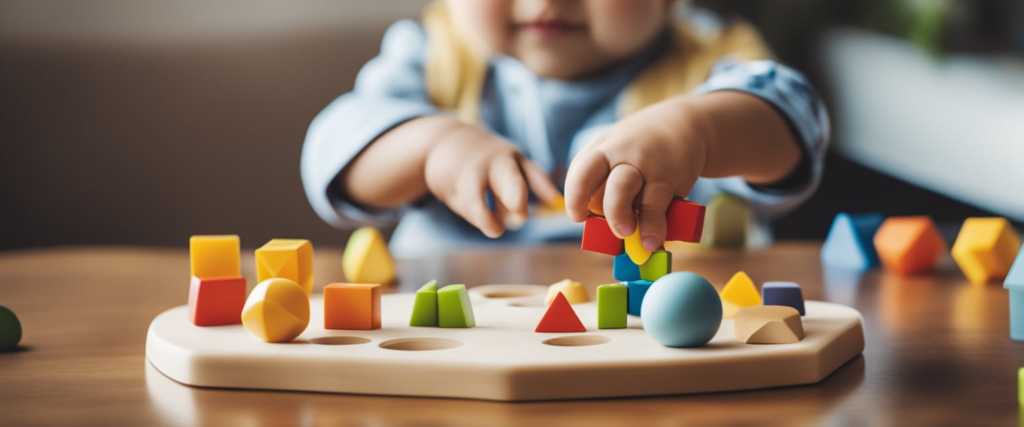 criança pequena usando jogo de encaixe para associar formas e tamanhos