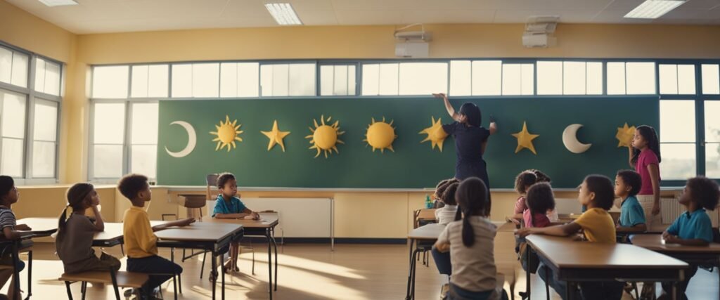 Uma sala de aula com um grande sol e uma lua expostos na parede, uma mesa com adereços para uma demonstração diurna e noturna e crianças envolvidas em atividades práticas relacionadas ao conceito