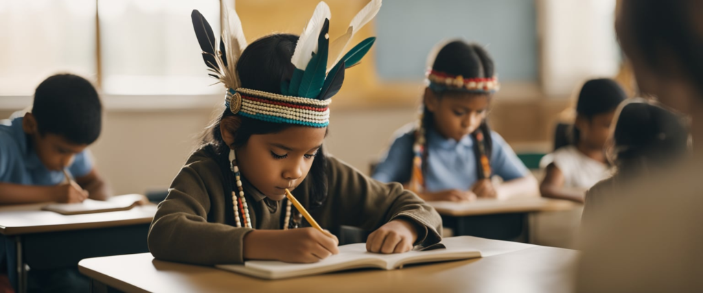 menina em sala de aula aprendendo sobre cultura indígena e usando seu cocar