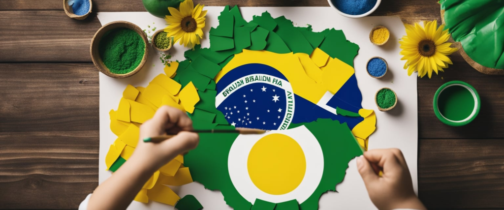 uma criança pintando uma bandeira do brasil