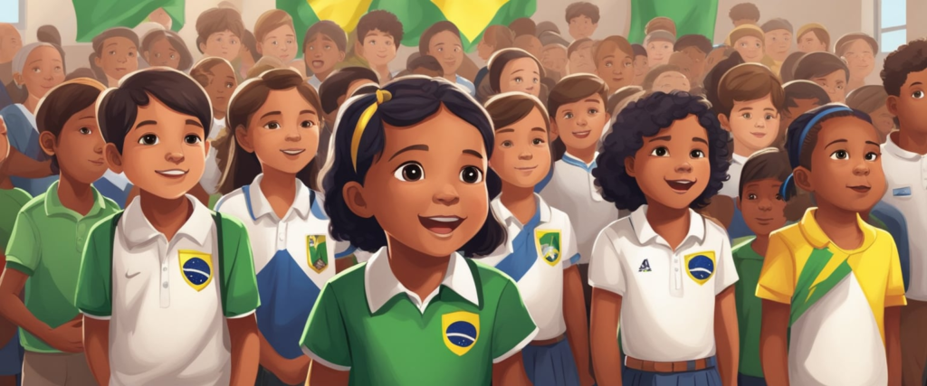 crianças na escola, de frente para a bandeira do Brasil hasteada, cantando o hino nacional do brasil em um ato cívico