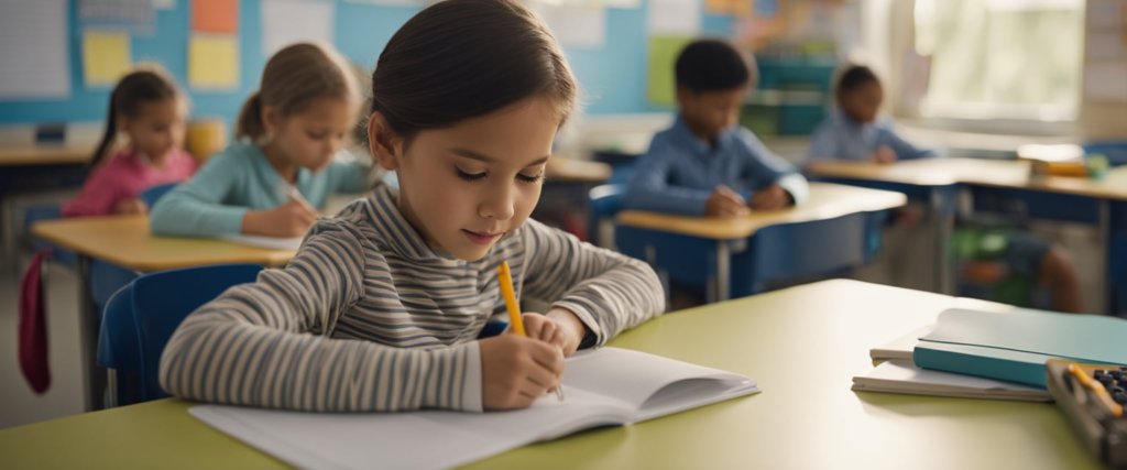 menina aluna da educação infantil escrevendo um texto 