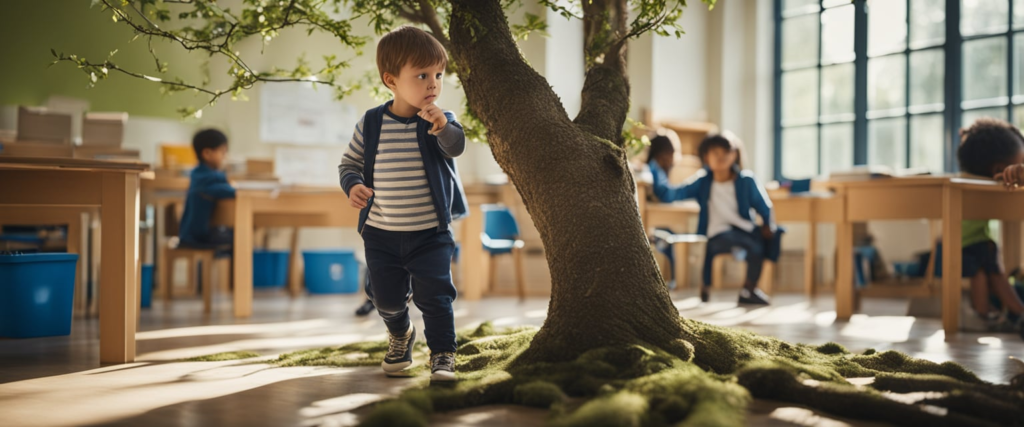 criança da educação infantil procurando  folhas de árvore para trabalhar exploração sensorial