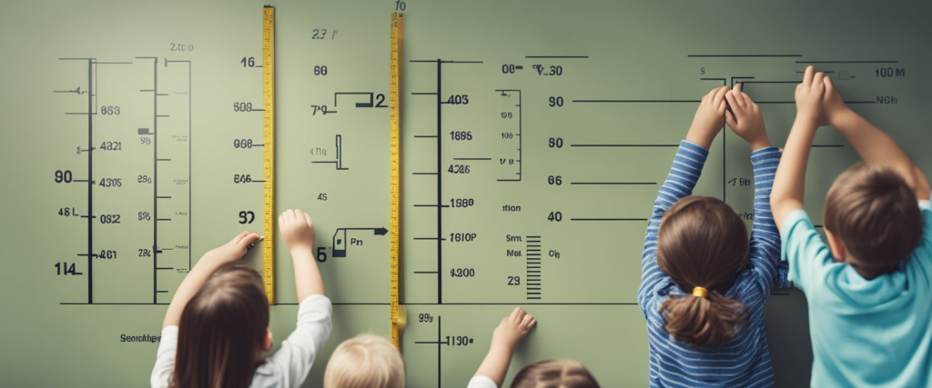 crianças medindo suas alturas na parede enquanto estudam conceitos matemáticos de alto e baixo