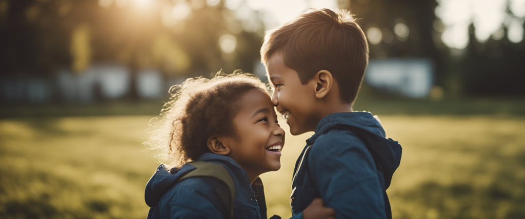 crianças felizes que aprenderam regras de gentileza e boas maneiras