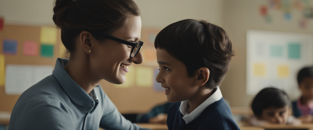 professora ensinando boas maneiras a seus alunos