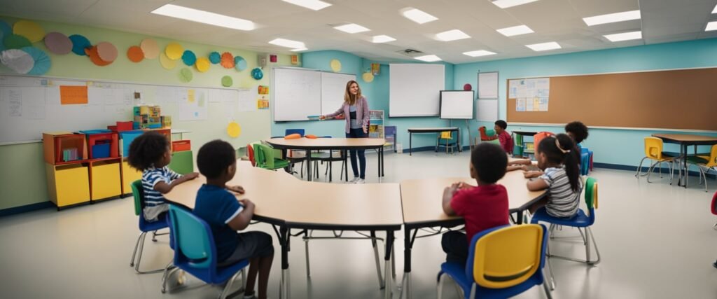 uma professora fazendo um plano de aula sobre adição para alunos da educação infantil.