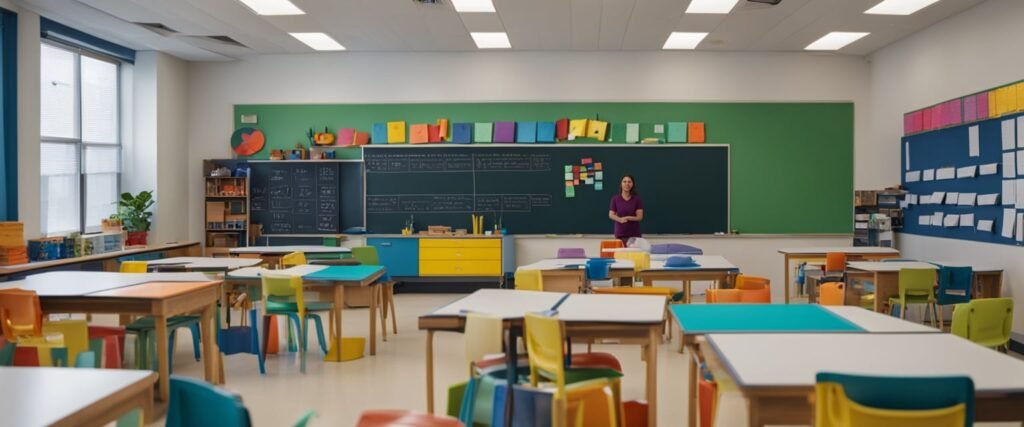 Uma sala de aula colorida com mesas montadas para projetos de arte, prateleiras abastecidas com tinta e papel, e um professor na frente escrevendo um plano de aula em um quadro branco.