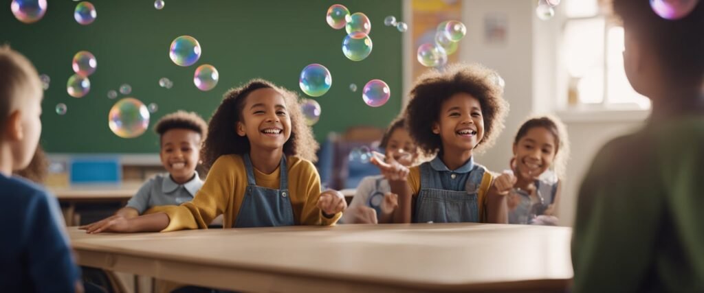 Uma sala de aula colorida com bolhas flutuando no ar. As crianças estão rindo e brincando com varinhas de bolhas, enquanto um professor as orienta através de um plano de aula sobre bolhas de sabão