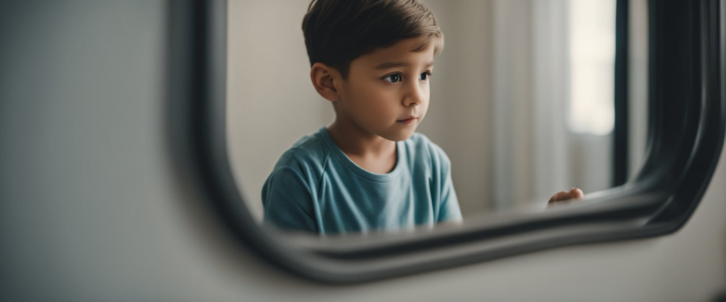 criança se olhando no espelho na creche