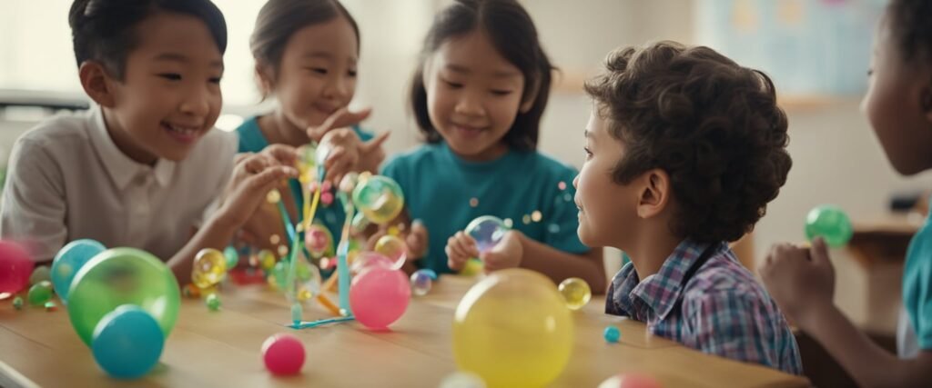 Uma mesa com materiais coloridos: bolhas, varinhas e papel. Uma professora demonstra soprar bolhas, enquanto as crianças assistem e riem