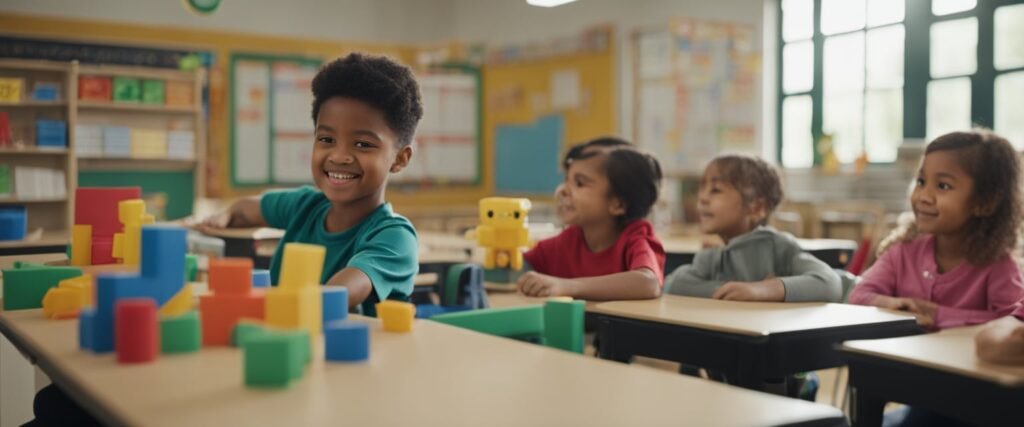 Uma sala de aula colorida com vários brinquedos e objetos para contar e somar. Um professor demonstrando adição usando recursos visuais e atividades interativas para alunos jovens.