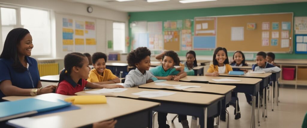 Uma sala de aula colorida com mesas para crianças e materiais educativos. Um professor demonstra adição com recursos visuais e envolve os alunos em atividades práticas.