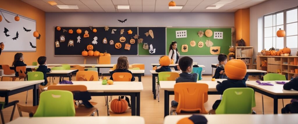 Uma sala de aula decorada com artesanato e atividades temáticas de Halloween, com crianças pequenas vestidas em fantasias e participando de jogos e artesanato relacionados ao feriado.