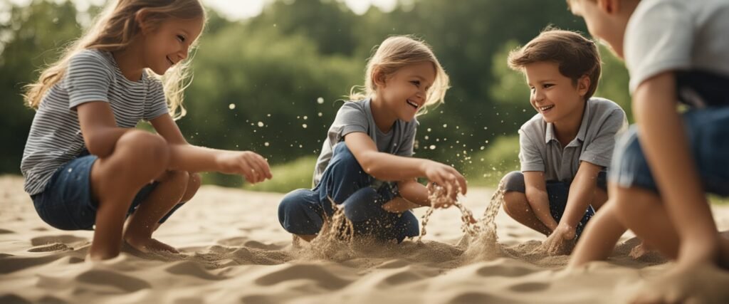 Um grupo de crianças pequenas participa de várias atividades de verão, como brincar na areia, salpicar na água e explorar a natureza, enquanto um professor os orienta em uma lição sobre a estação do verão.