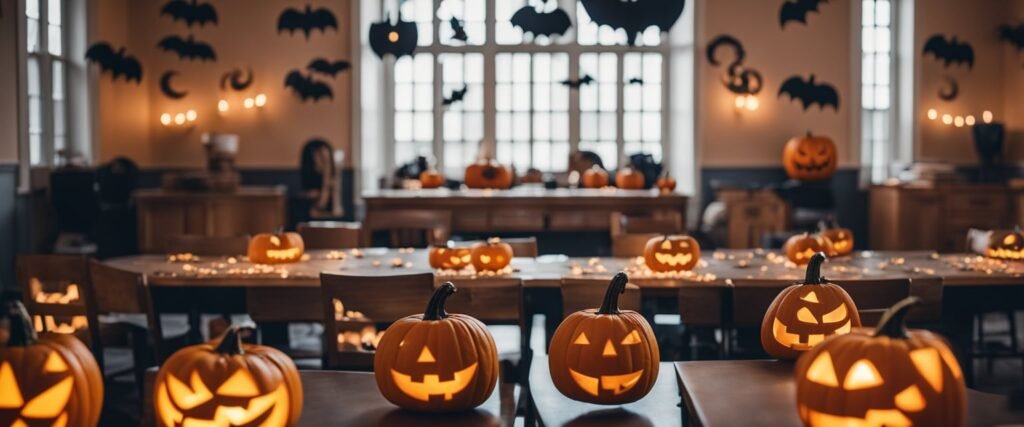 Uma sala de aula decorada com artesanato e adereços temáticos de Halloween, com uma mesa preparada para a decoração de abóboras e um canto designado para contar histórias de terror.