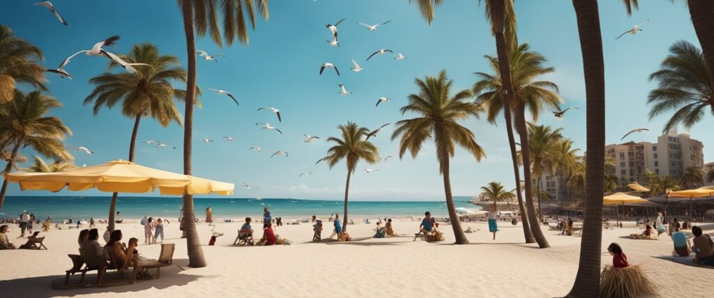 Uma praia ensolarada com crianças brincando na areia, guarda-sóis coloridos e um céu azul claro. Palmeiras balançam na brisa enquanto gaivotas voam sobre a cabeça.