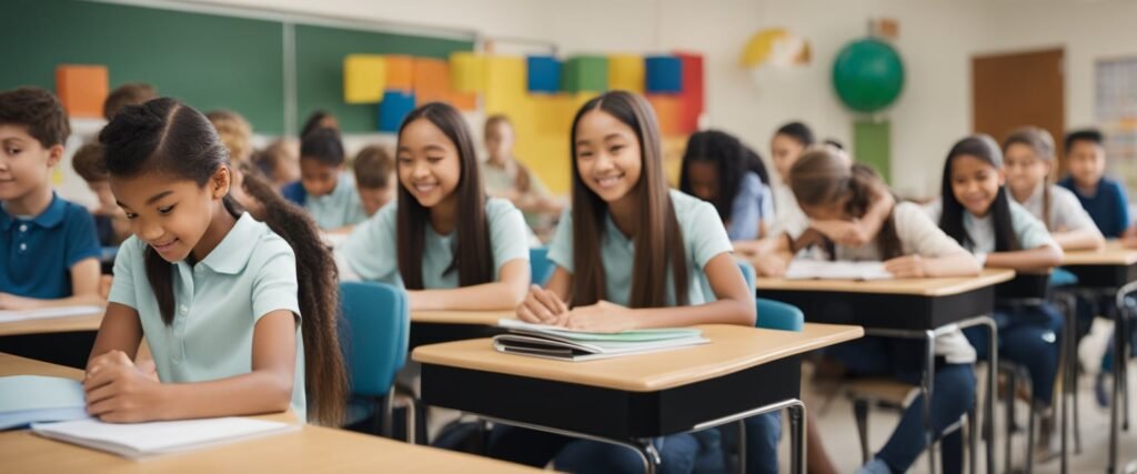 Uma sala de aula colorida com alunos envolvidos em atividades, usando recursos visuais para demonstrar os conceitos de "maior" e "menor"