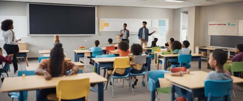 Uma cena de sala de aula com alunos participando de atividades relacionadas aos conceitos de "maior" e "menor", utilizando recursos visuais e exercícios interativos.