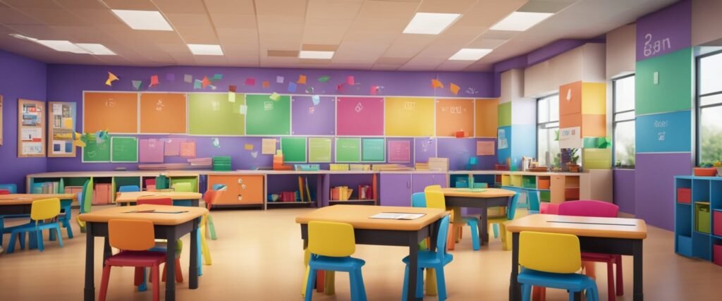 Uma sala de aula com recursos visuais coloridos e atividades interativas para ensinar os conceitos de "maior" e "menor" para alunos jovens.