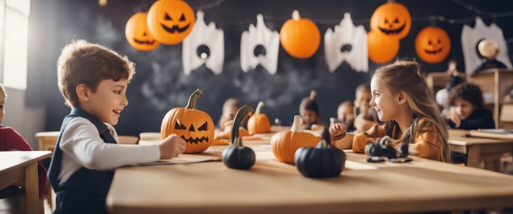 Uma sala de aula decorada com artesanato e atividades temáticas de Halloween, com crianças pequenas vestidas com fantasias e participando de jogos festivos e atividades de aprendizado.