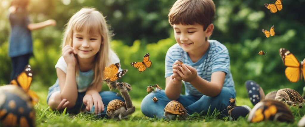 Um grupo de crianças pequenas se reúne em um jardim colorido, observando e interagindo com vários pequenos animais, como borboletas, joaninhas e caracóis.