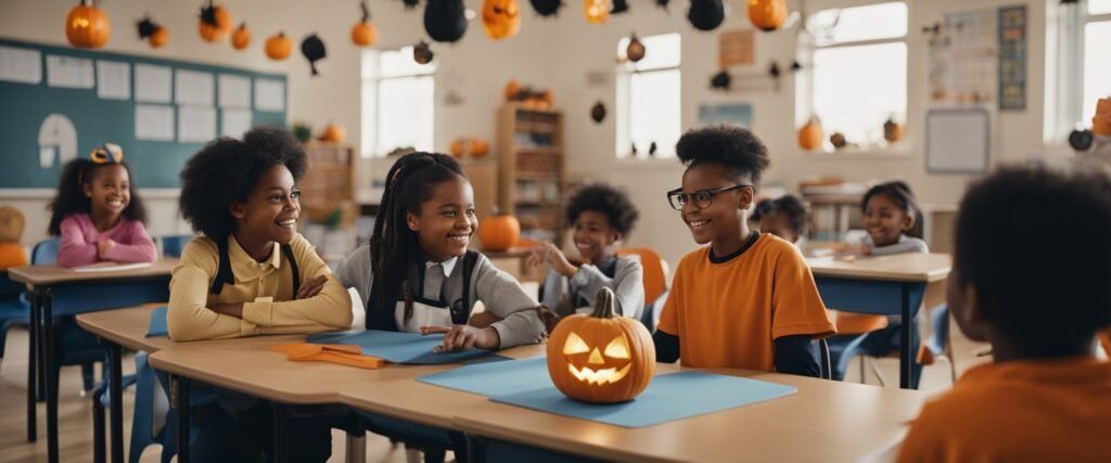 Um grupo de crianças pequenas em uma sala de aula, cercado por decorações de Halloween como abóboras, morcegos e fantasmas. A professora está conduzindo uma lição divertida e envolvente sobre o feriado.