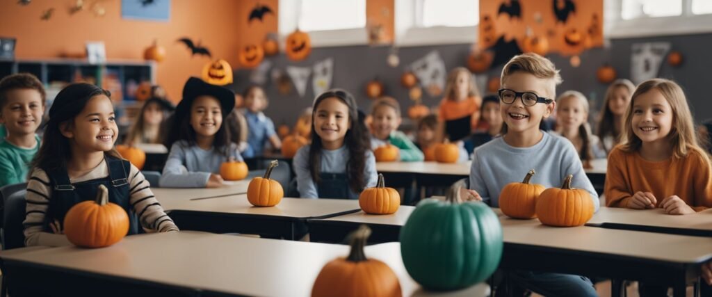 Um grupo de crianças pequenas em uma sala de aula colorida, cercado por decorações de Halloween, como abóboras, morcegos e fantasmas. A professora está conduzindo uma aula envolvente e interativa sobre as tradições e símbolos do Halloween.