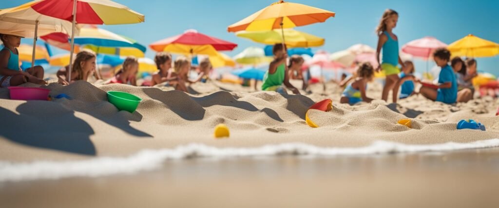 Uma praia ensolarada com crianças brincando na areia, guarda-sóis coloridos e um céu azul claro. Castelos de areia e brinquedos de praia espalhados.