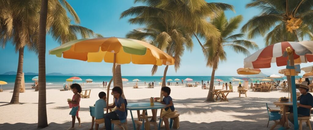 Uma praia ensolarada com crianças brincando na areia, guarda-sóis coloridos e vendedores de sorvete. Céus azuis e palmeiras completam a cena de verão.