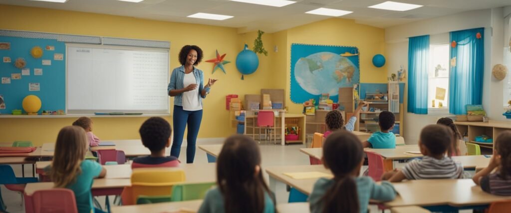 Uma sala de aula colorida com um tema de praia, incluindo decorações de areia e oceano. Um professor lidera alunos jovens em uma lição com tema de verão, usando materiais visuais e atividades interativas.