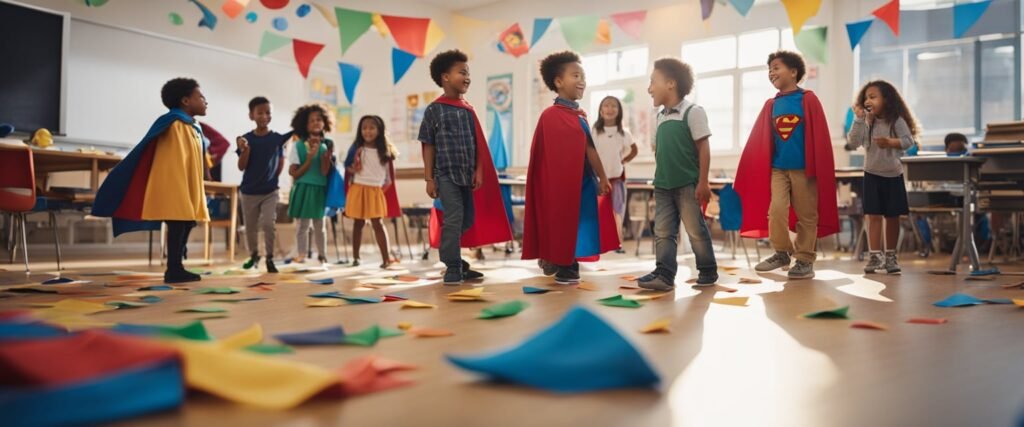 Uma sala de aula cheia de capas coloridas, máscaras e figuras de super-heróis de brinquedo espalhadas pelo chão. Um professor conduz um grupo de jovens alunos animados em brincadeiras imaginativas e contação de histórias.