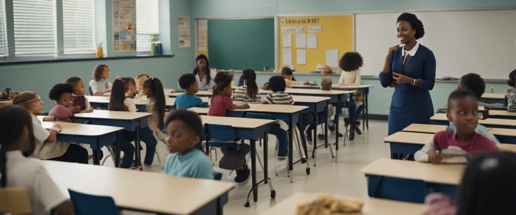 Uma sala de aula com vários objetos representando atividades diárias, como cozinhar, limpar e se vestir. Um professor está liderando uma discussão enquanto os alunos participam de atividades práticas.