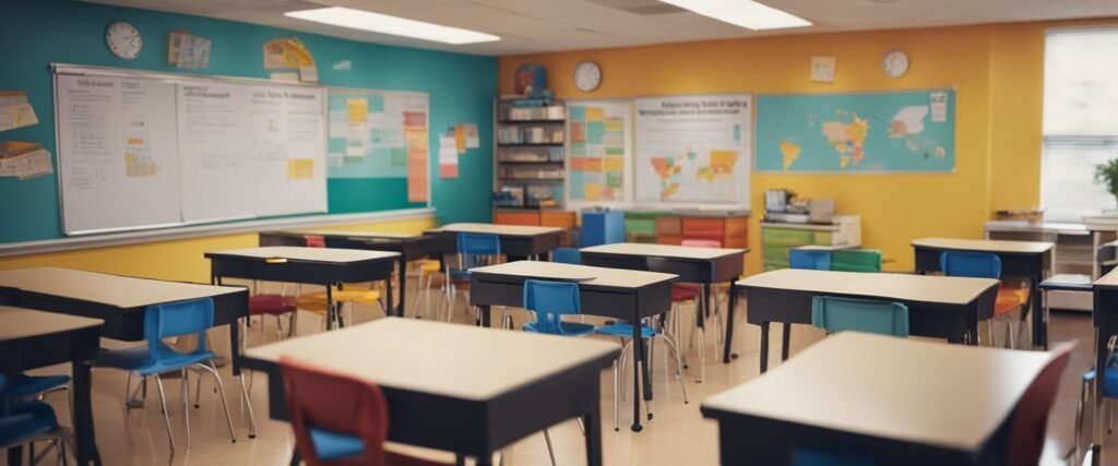 Um ambiente de sala de aula colorido com vários objetos e visuais representando atividades diárias, como cozinhar, limpar e higiene pessoal.