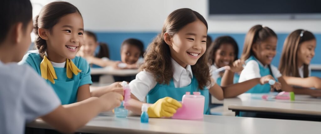 Um ambiente de sala de aula com alunos participando de atividades diárias de higiene, como lavar as mãos, escovar os dentes e limpar seus pertences pessoais.