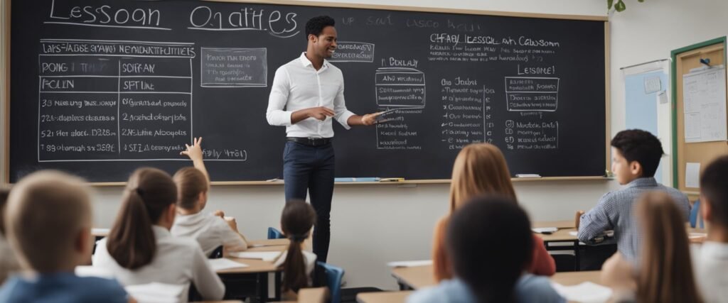 Uma sala de aula com um quadro-negro exibindo um plano de aula sobre atividades diárias, cercada por alunos envolvidos em várias atividades de aprendizado prático.