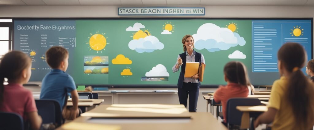 Uma sala de aula colorida com um grande cartaz exibindo diferentes elementos climáticos, como sol, chuva, nuvens e vento. Um professor está próximo, apontando para as imagens e interagindo com os jovens alunos.