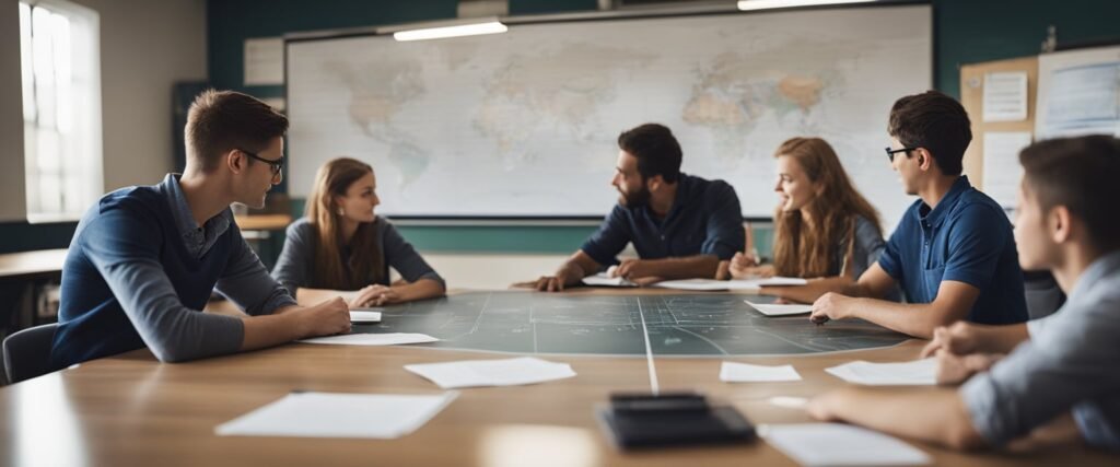 Uma sala de aula com um quadro negro cheio de diagramas de fenômenos naturais e padrões climáticos. Os alunos estão envolvidos em discussões em grupo e experimentos práticos com instrumentos meteorológicos.