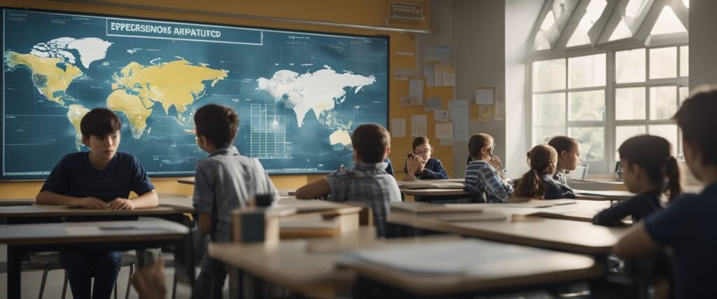 Uma sala de aula com alunos observando padrões climáticos e fenômenos naturais através de experimentos e atividades práticas, com gráficos e diagramas nas paredes.