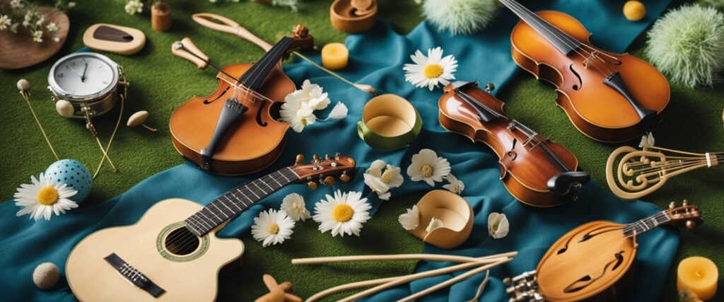 Uma variedade colorida de tecidos texturizados, flores perfumadas e instrumentos musicais espalhados por um chão macio e gramado, convidando à exploração e à descoberta sensorial para crianças pequenas.