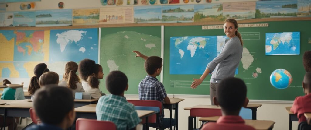 Uma sala de aula colorida com um grande globo, gráficos meteorológicos e imagens de diferentes climas expostas nas paredes. Um professor está apontando para os diferentes elementos do clima enquanto um grupo de jovens alunos ouve atentamente.