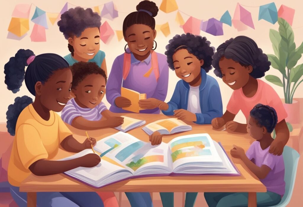 Um grupo de crianças diversas participa de várias atividades, como ler livros, desenhar e jogar, todas centradas no tema de celebrar o Dia Internacional da Mulher.