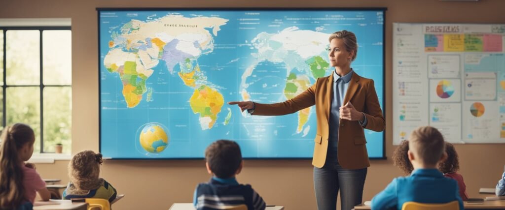 Uma sala de aula colorida com pôsteres de elementos climáticos, um globo e plantas, com obras de arte das crianças expostas. Uma professora está na frente, apontando para um gráfico do tempo.