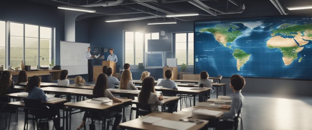 Uma sala de aula com um grande mapa-múndi na parede, vários diagramas de fenômenos climáticos e naturais, e um professor na frente com uma apresentação sobre clima e fenômenos naturais.