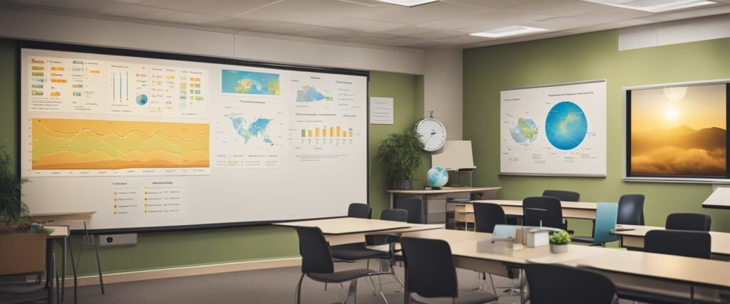 Uma sala de aula com um quadro branco cheio de diagramas de fenômenos naturais e padrões climáticos. Cartazes e recursos visuais ao redor da sala ilustram diferentes fenômenos naturais.