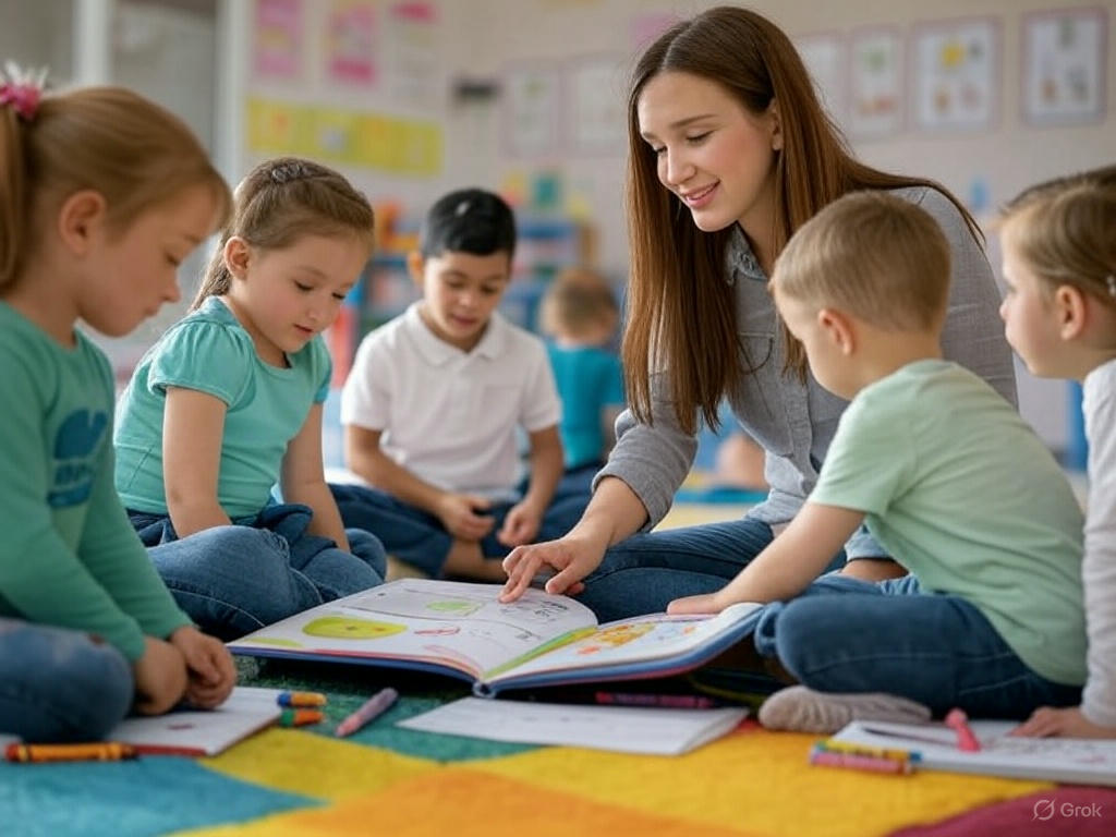 uma professora jovem, sentada no chão em um círculo com três ou quatro crianças de 4 a 6 anos, em uma sala de pré-escola. Ela segura um livro colorido com figuras grandes e aponta para uma palavra, enquanto as crianças acompanham com atenção ou tentam ler junto. Ao redor, há um tapete colorido, cartazes com o alfabeto na parede e materiais como giz de cera e papéis. A cena reflete um momento de aprendizado colaborativo e interativo, mostrando como acelerar a alfabetização pode ser um esforço conjunto e prazeroso.