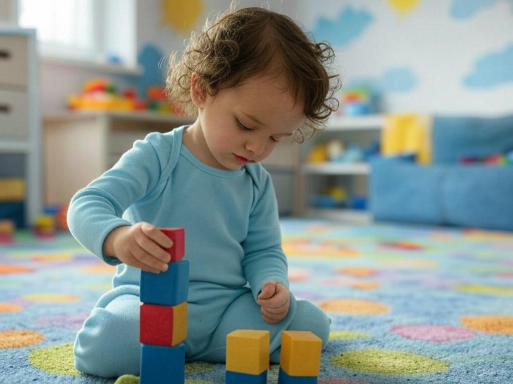 uma criança de aproximadamente 18 meses, com cabelos castanhos cacheados e um macacão azul claro, sentada em um tapete colorido em tons de vermelho, amarelo e verde. Ela segura um bloco de madeira vermelho com uma mão e tenta equilibrá-lo sobre outros dois blocos (um azul e um amarelo) já empilhados. Ao fundo, há uma sala de berçário aconchegante, com paredes decoradas com nuvens brancas e um sol sorridente, além de uma prateleira baixa com brinquedos como bolas e ursinhos de pelúcia. A luz natural entra por uma janela ampla, iluminando a expressão de concentração da criança. A imagem transmite calma e foco, destacando o desenvolvimento motor e cognitivo. relatório de desenvolvimento individual